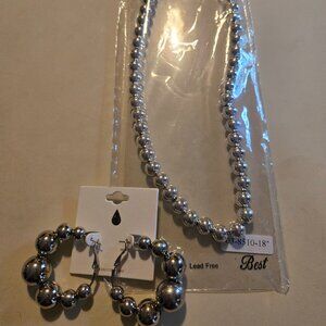 18" silver 10 mm bead necklace & silver bead hoop earrings, NWT